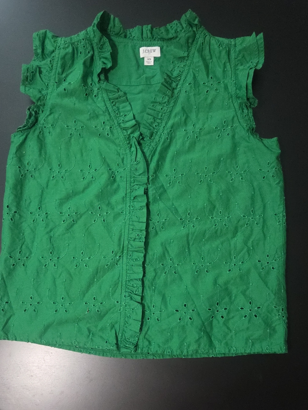 J. Crew Green Eyelet Ruffle Sleeveless Top